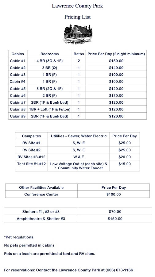 Lawrence County Park 2014 Rate List